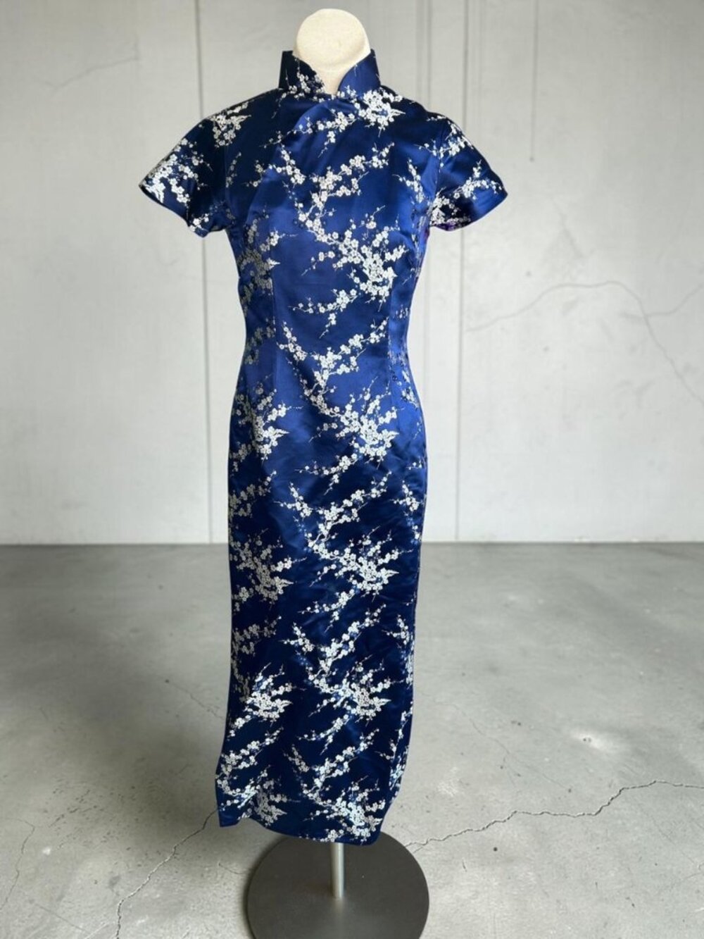 Vintage Asian Cheongsam Qipao Blue Floral Brocade Dress Handmade